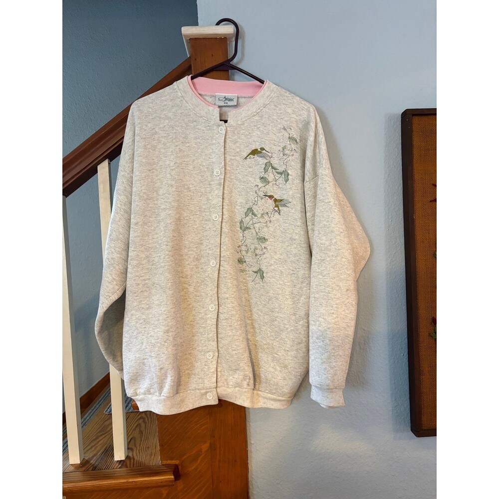 Artisans 90s button up sweatshirt cardigan hummingbird floral pockets XXL